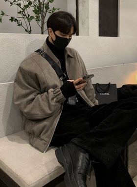 myq麂皮绒痞帅翻领棉衣夹克男士冬季外套韩版宽松感棉服