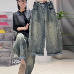 潮 女梨形身材遮跨显瘦百搭老爹裤 欧货春夏新款 复古印花做旧牛仔裤