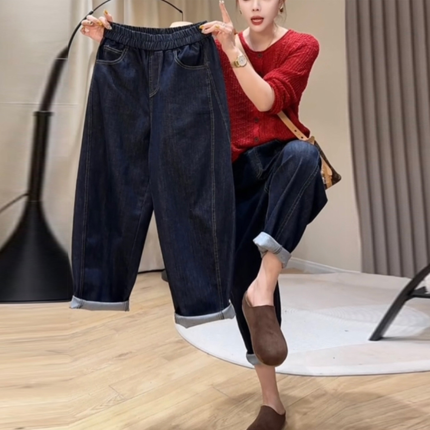 欧货深蓝色哈伦牛仔裤女秋新款今年流行松紧腰宽松显瘦萝卜裤九分