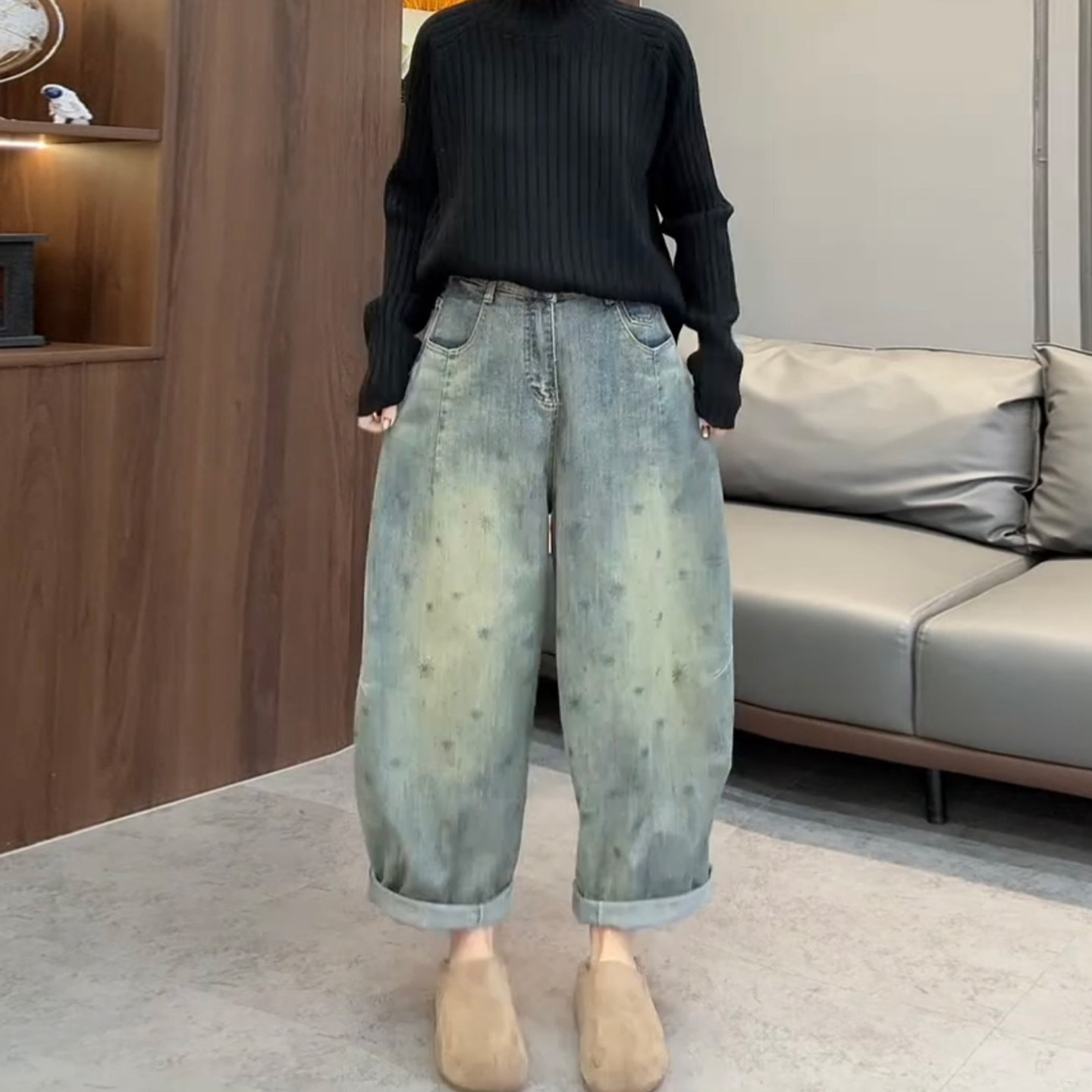 春秋新款宽松阔腿弯刀牛仔裤女遮肉显瘦九分老爹裤印花高腰萝卜裤