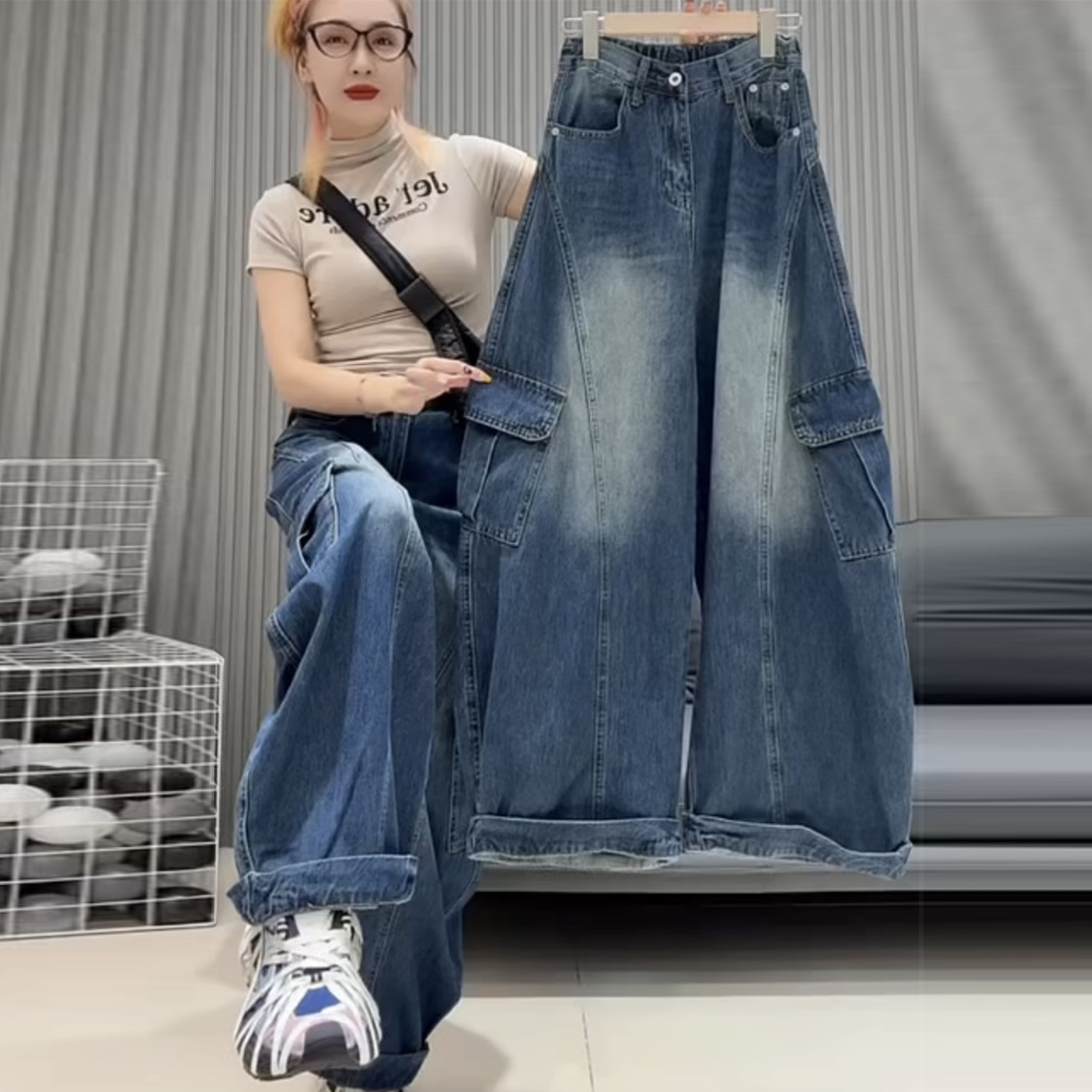 美式废土风复古工装阔腿裤女