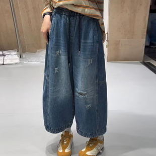 宽松显瘦萝卜裤 松紧腰破洞九分哈伦裤 女春夏季 欧货高腰牛仔老爹裤