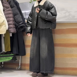 加绒加厚宽松牛仔直筒裤女冬季新款复古显瘦高腰跨裤韩系九分裤子