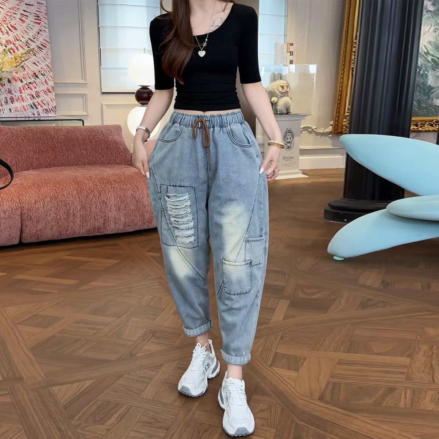 夏薄款高腰显瘦牛仔哈伦裤女图片