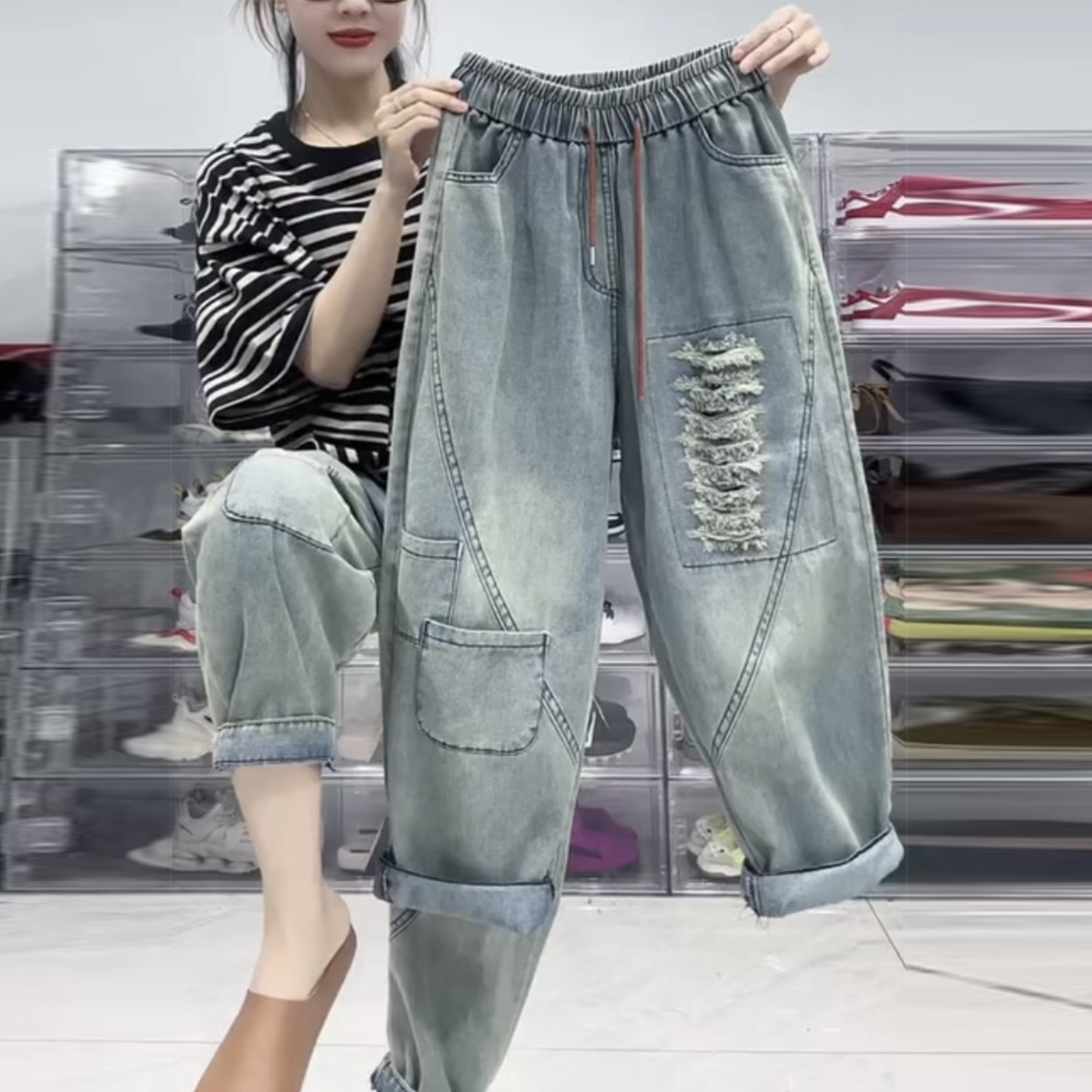 夏季新款高腰显瘦牛仔垮裤女