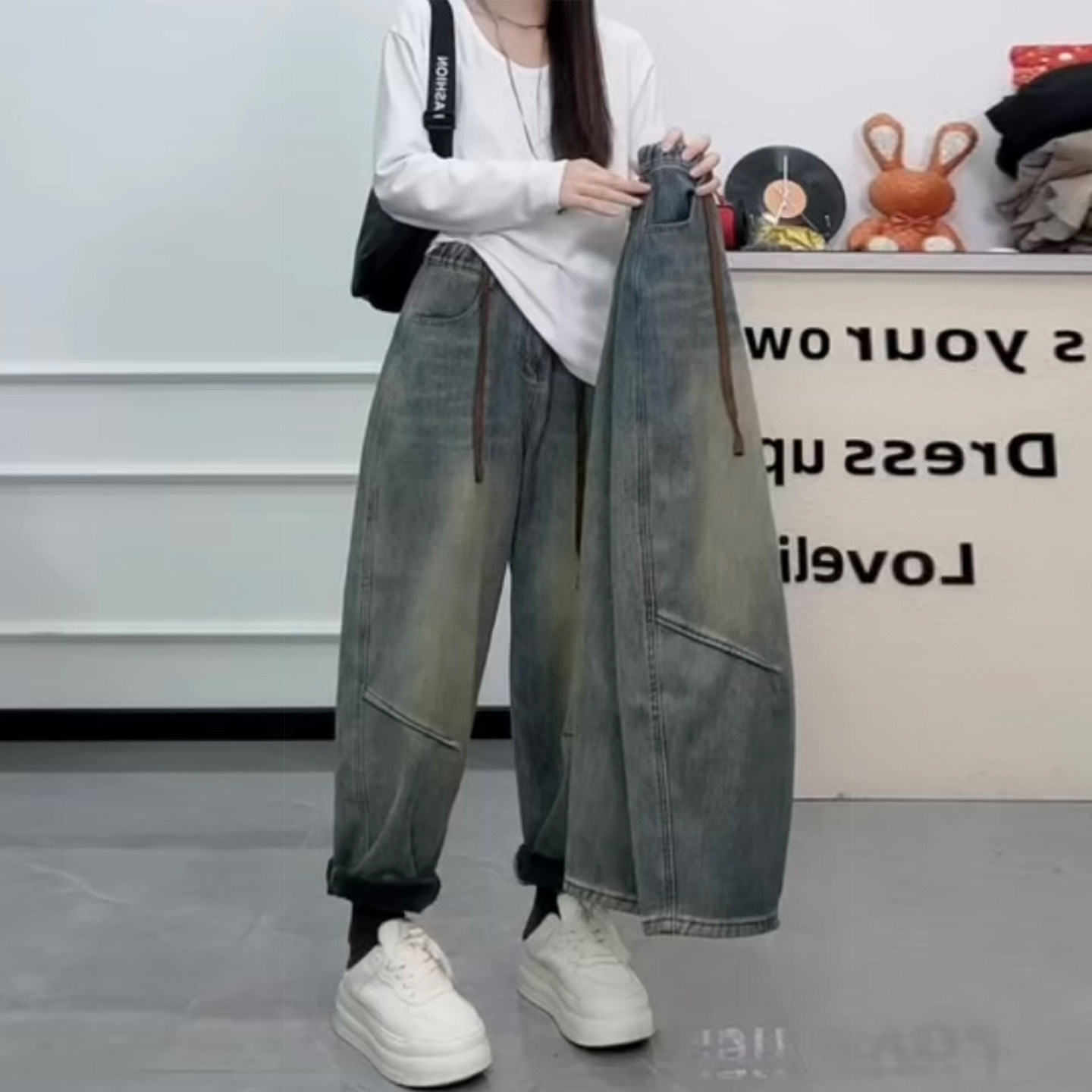 冬季新款加绒加厚牛仔老爹裤女胖mm宽松显瘦萝卜裤窄版九分哈伦裤