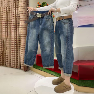 女宽松弯刀哈伦裤 显瘦九分老爹裤 秋季 大码 新款 梨形身材高腰牛仔裤