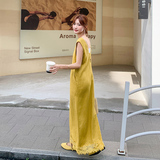 新款现货亚麻V领背心蕾丝钩花拼接连衣裙2C119-2579-P145-K208，女装连衣裙，2C119