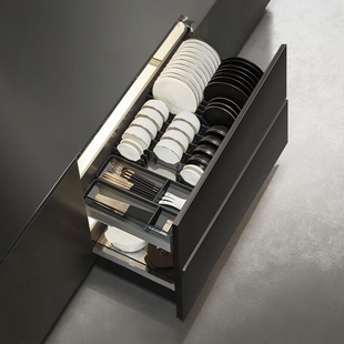 悍高希勒3.0双层碗碟拉篮调味篮铝合金玻璃厨房橱柜阻尼碗碟拉篮