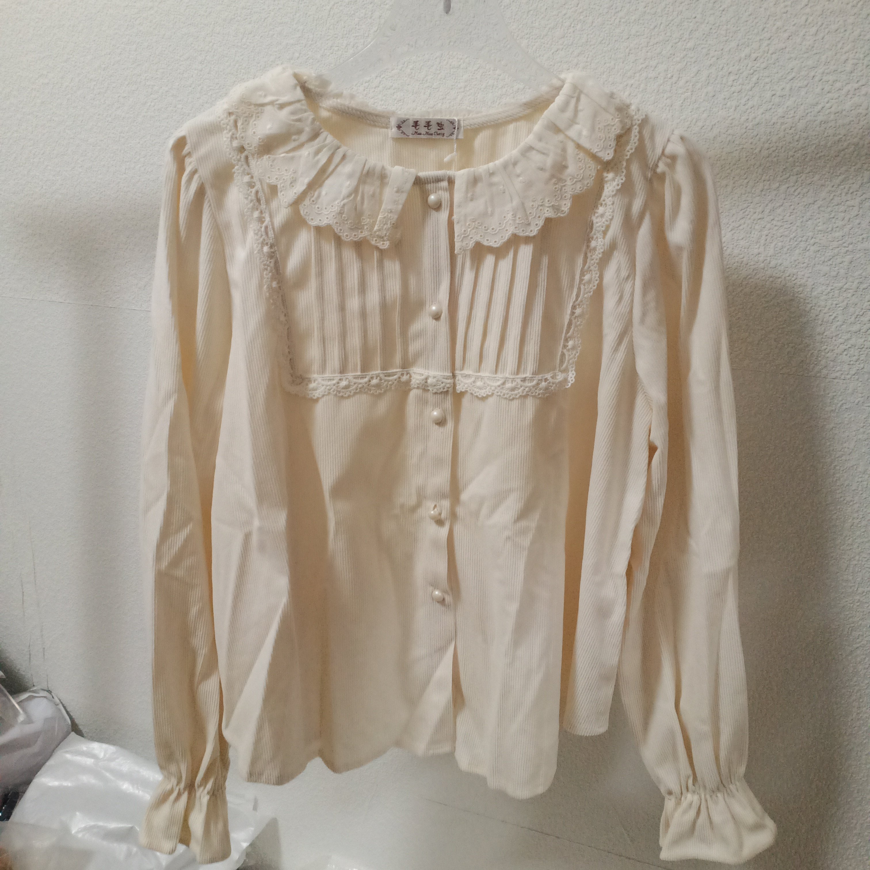 春秋新款韩版拼接甜美花边灯芯绒长袖衬衫女设计感小众百搭上衣潮