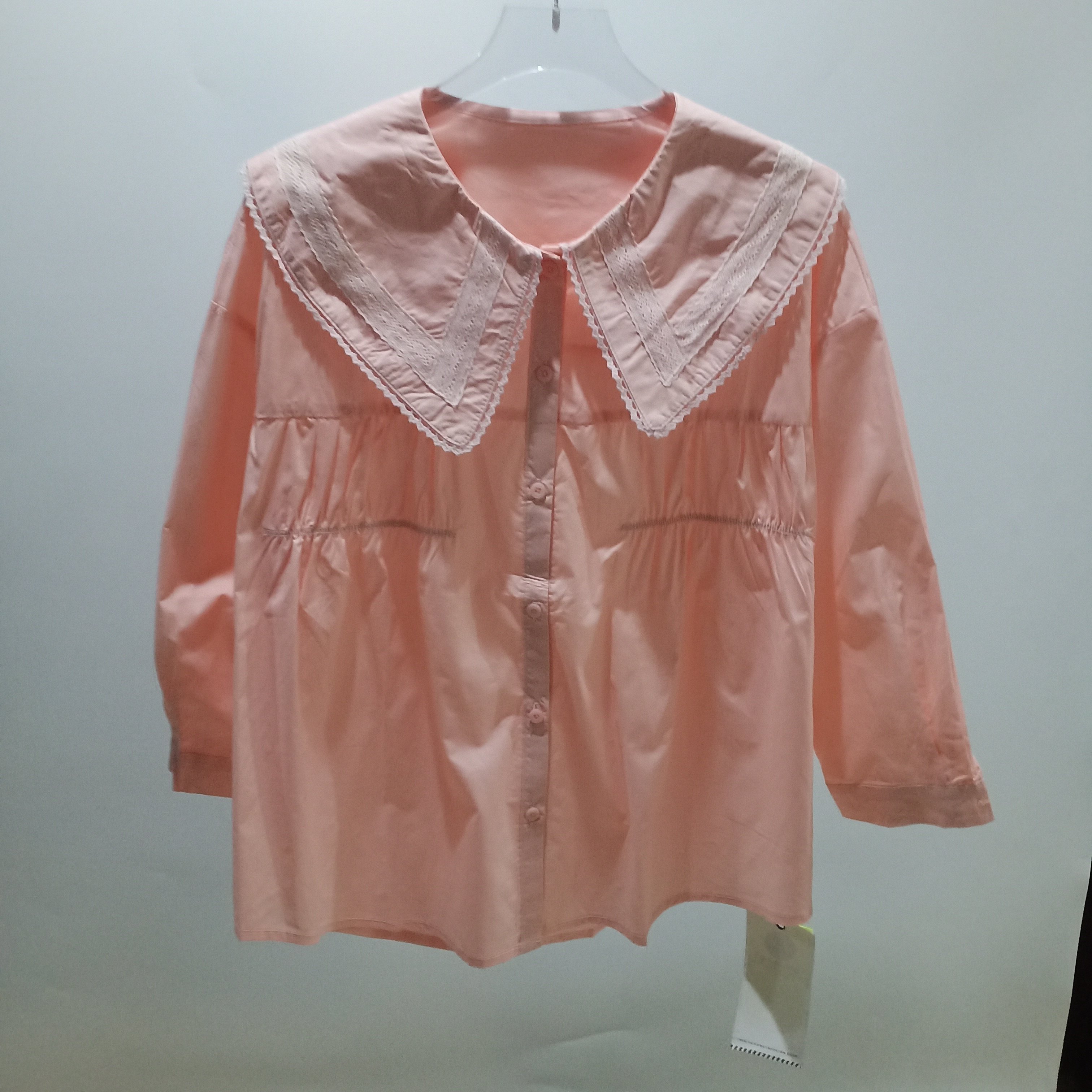 春季新款韩版时尚蕾丝花边娃娃领九分袖衬衫女设计感宽松遮肉上衣