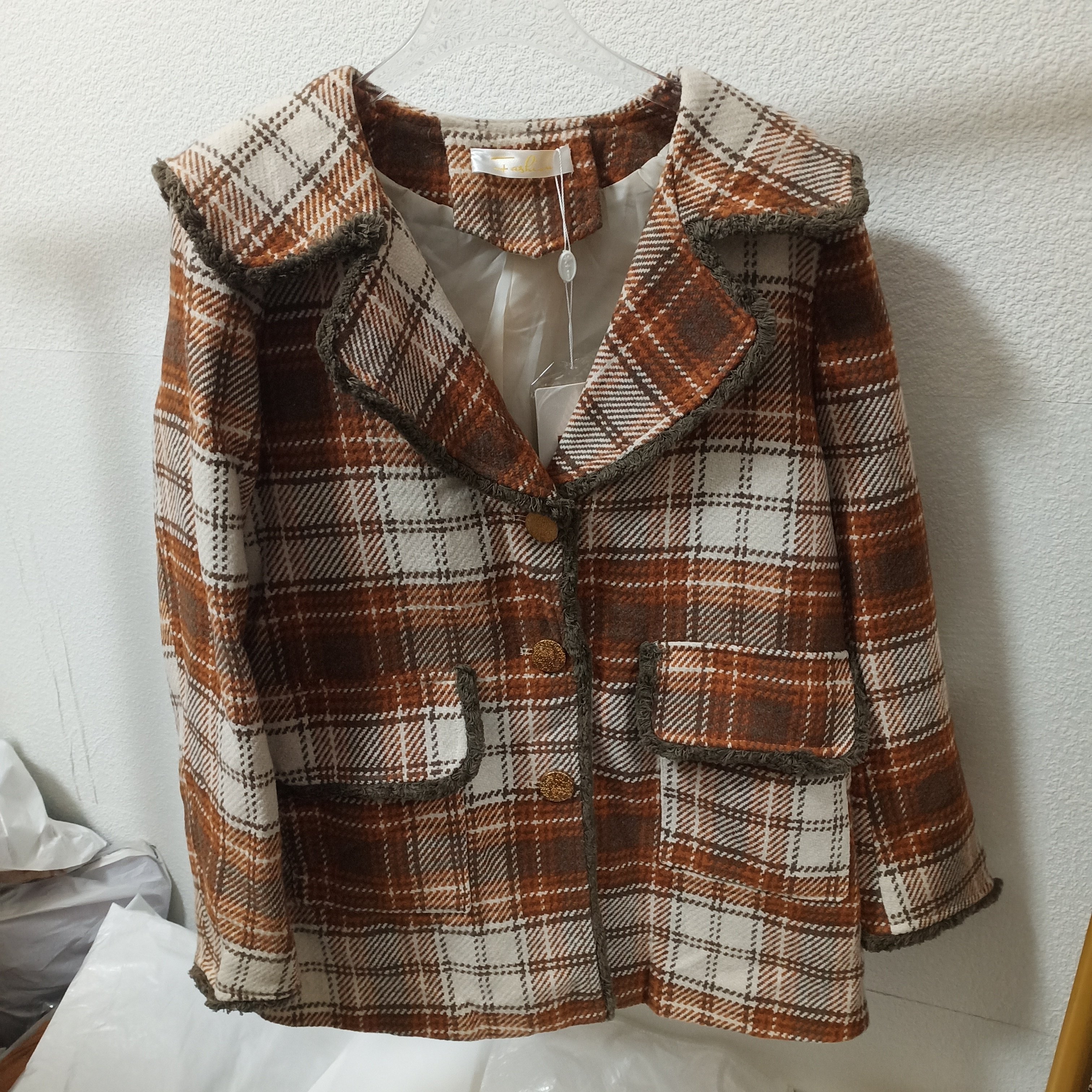 秋冬新款韩版时尚撞色格子中长款外套女休闲百搭宽松大翻领上衣潮