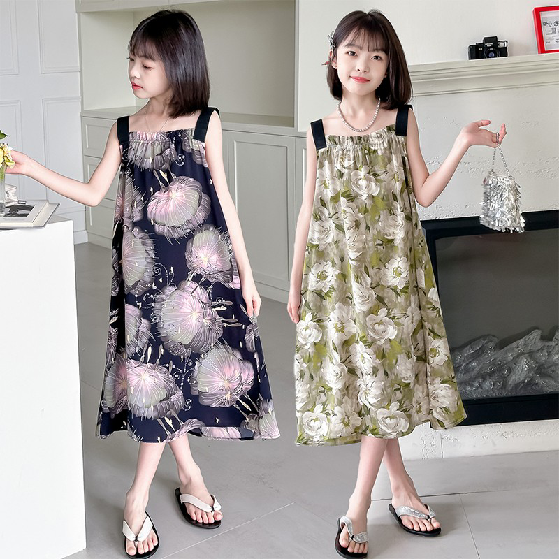 女童夏季轻奢印花吊带睡裙
