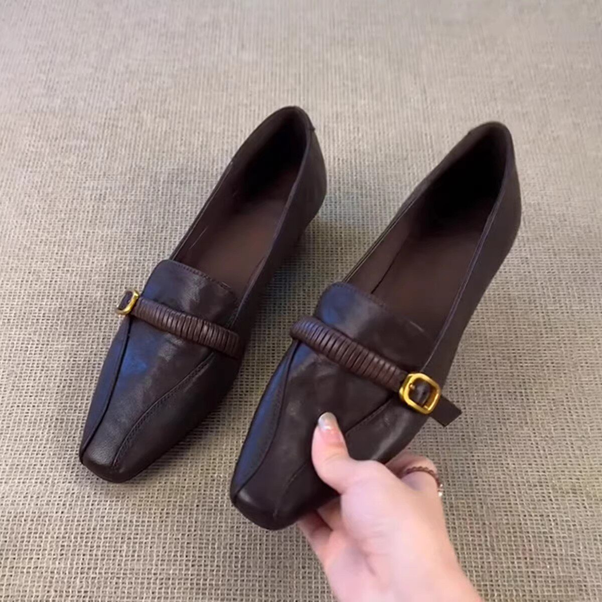 牛皮版~法式复古真皮百搭黑色小皮鞋女一脚蹬方头简约粗跟乐福鞋