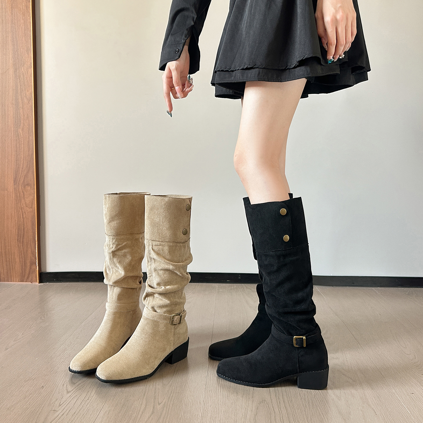 棕色长筒靴复古百搭堆堆靴