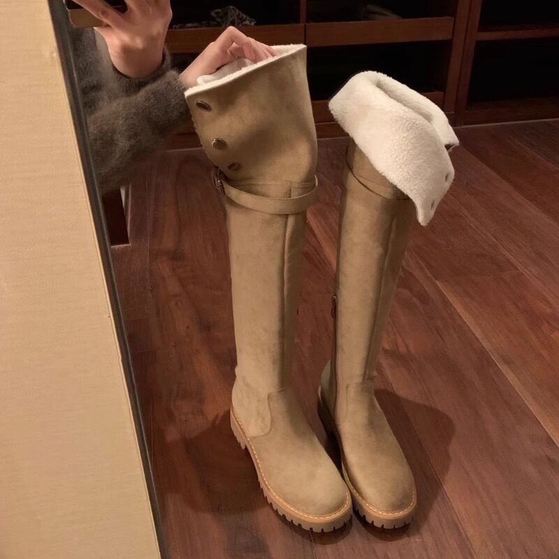 两穿卡其色欧美防水台绒面过膝