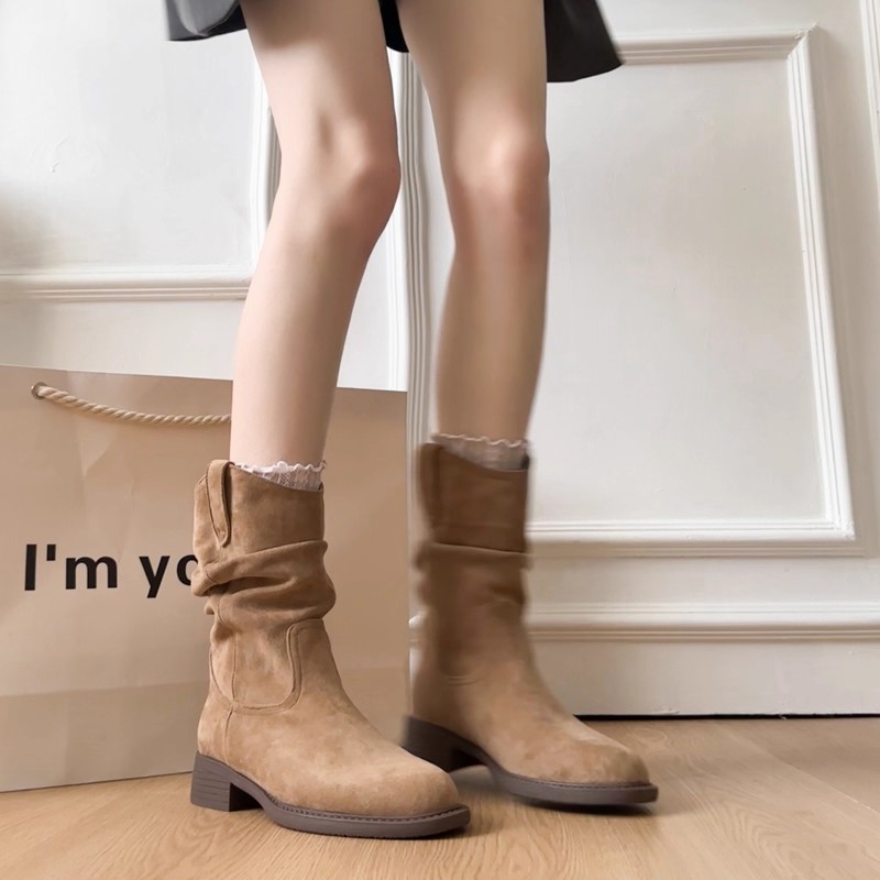 牛皮版~堆堆靴女中筒靴子2025新款美拉德西部牛仔短靴骑士马丁靴