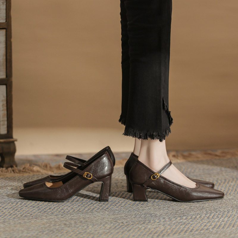 一字带法式复古玛丽珍鞋女粗跟高跟鞋中跟低跟日常通勤方头单鞋女