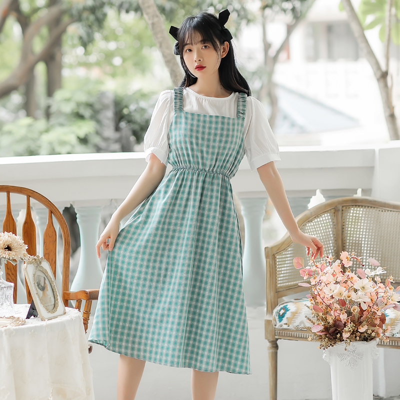 兩件套實拍文藝小清新格子背帶裙套裝