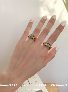 小众设计感复古镶嵌彩色宝石戒指欧美风轻奢华丽不规则金色食指戒