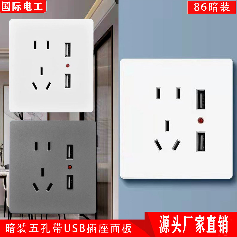 国际电工暗装86型墙内五孔双usb插座2.1A电源2100mA双USB家用快充