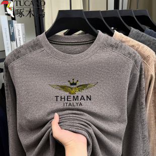 中青年圆领宽松上衣休闲打底衫 t恤春秋季 长袖 啄木鸟纯棉卫衣男士