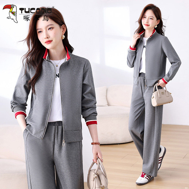 啄木鸟运动服套装女士2026年春秋新款宽松减龄开衫跑步休闲三件套