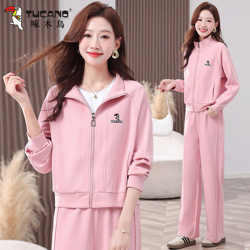 啄木鸟休闲运动套装短款长袖立领春秋季时尚洋气秋装小个子三件套