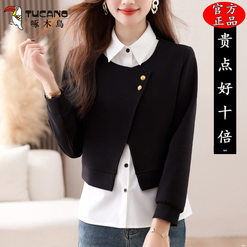 啄木鸟小个子衬衫女上衣假两件2026新款春秋女士衬衣时尚洋气小衫