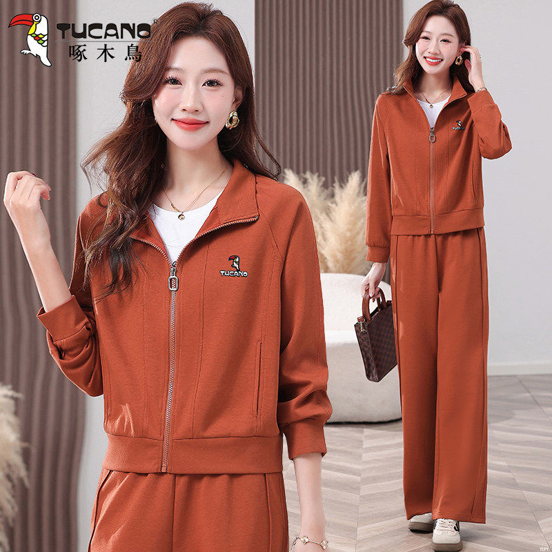 啄木鸟休闲运动套装短款长袖立领春秋季时尚洋气秋装小个子三件套