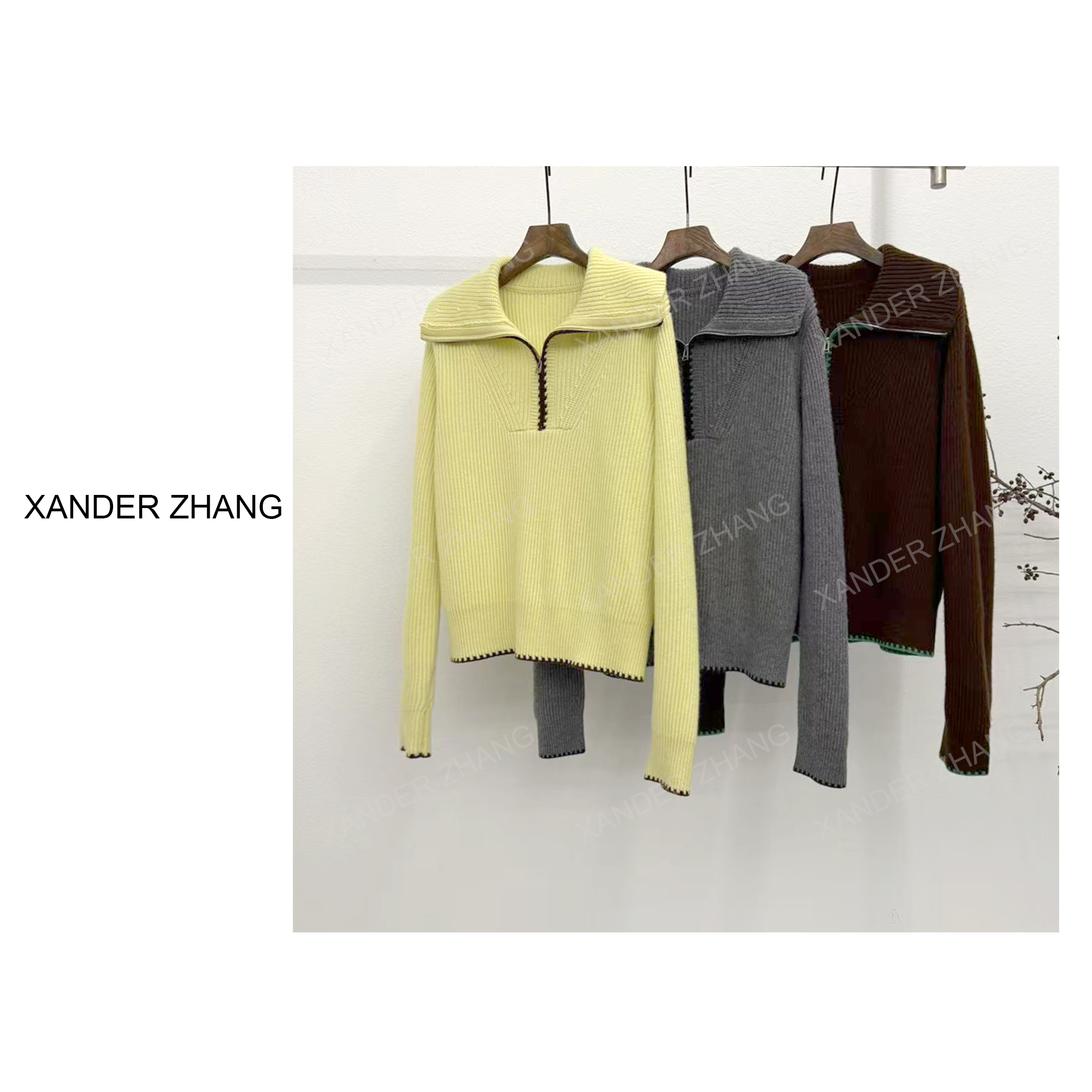 法式撞色新澳全羊毛拉链翻领毛衣