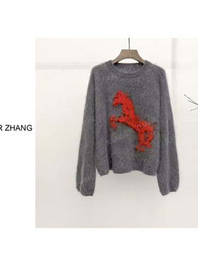 时尚减龄全羊毛拉毛奔腾小红马提花毛衫YBMS1J975高品质百搭