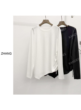 极简线迹绣花显瘦不对称长袖T恤YBT1K124百搭垂感雪花棉