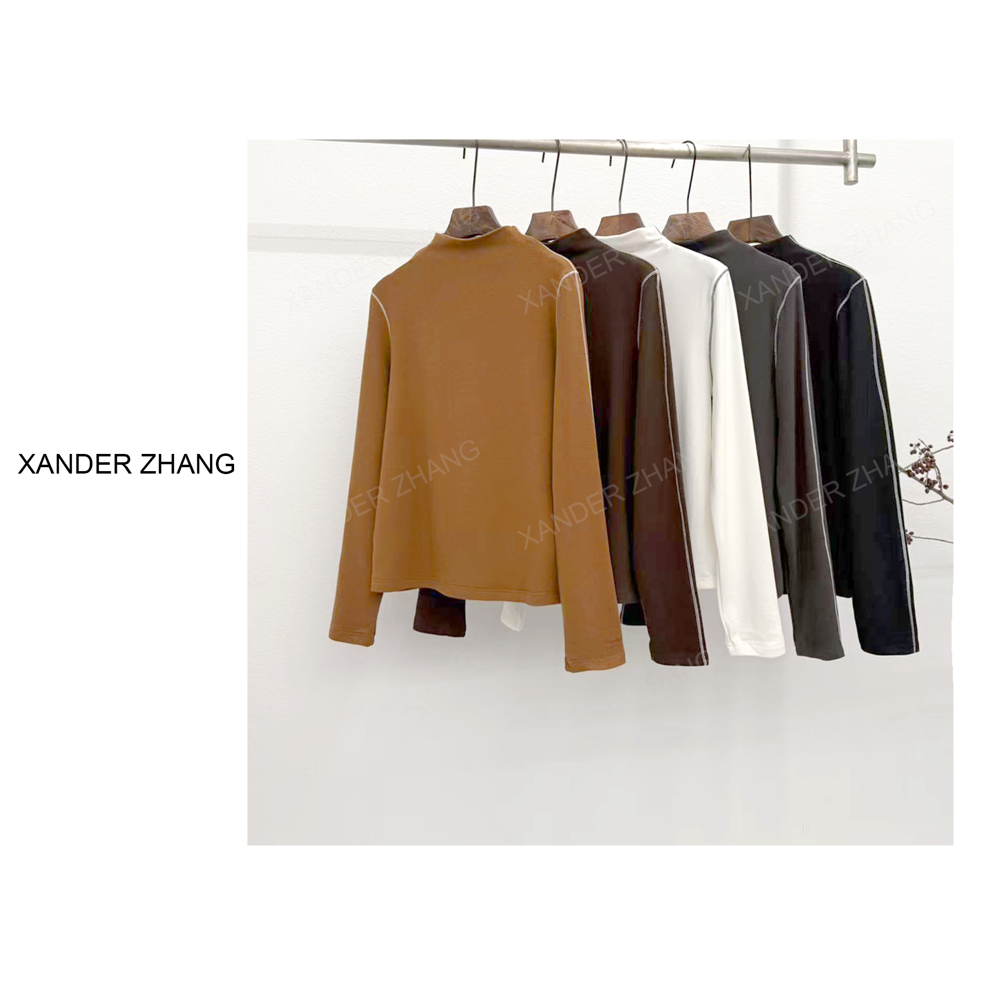 极简风巨显瘦撞色绣线百搭打底长袖T恤YBT1J911高弹力轻磨毛