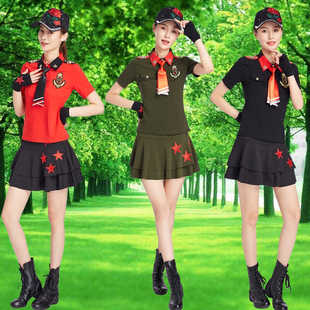 水兵舞服女套装2025新款红色翻领T恤广场舞蹈裙子演出上衣表演服