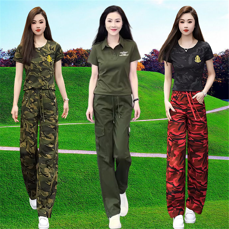户外迷彩弹力短袖登山套装女