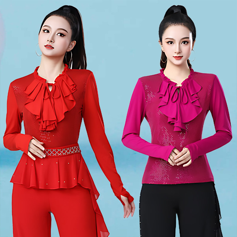 新款广场舞服装女2026新款荷叶边长袖流苏上衣气质显瘦演出服穿搭