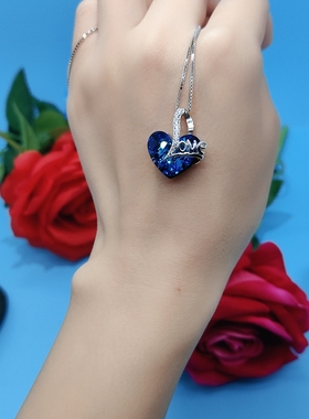 心中有爱s925通体纯银微镶钻项链施华洛水晶元素蓝水晶心形吊坠
