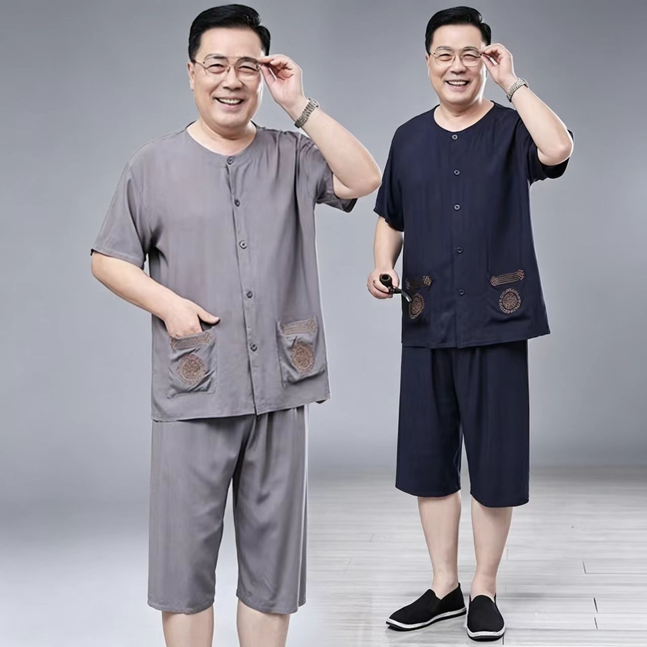 中老年爸爸睡衣男士家居服爷爷棉绸短袖短裤套装薄款老人睡衣男款
