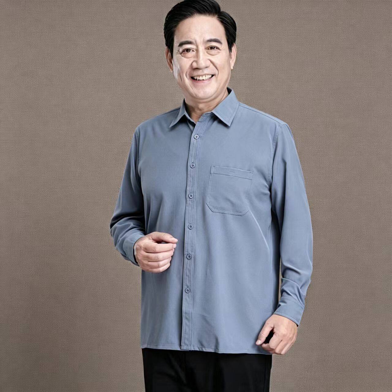 爸爸装中年男士长袖衬衫春夏秋中老年装老头宽松休闲衬衣冰丝防晒