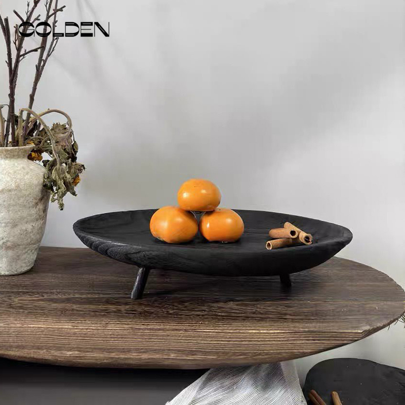 木质碳化黑色托盘装饰盘侘寂风乡村田野风格收纳盘火烧圆形置物架