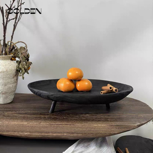 木质碳化黑色托盘装 收纳盘火烧圆形置物架 饰盘侘寂风乡村田野风格