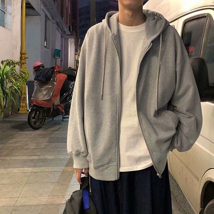 加绒连帽卫衣男秋冬潮牌宽松纯色开衫外套百搭休闲港风拉链上衣服