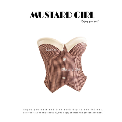 粉色千鸟格纹鱼骨收腰抹胸背心