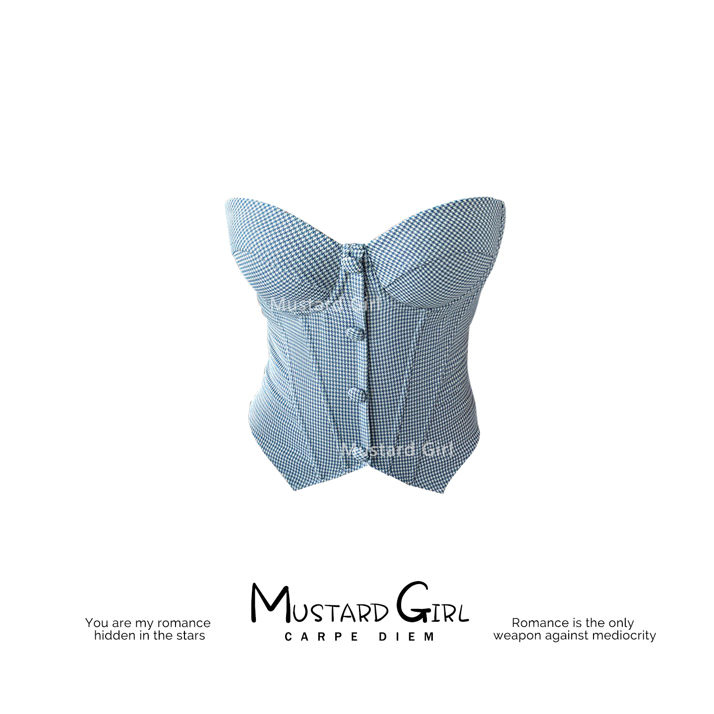 蓝白格纽扣辣妹紧身带胸垫背心