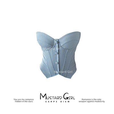 蓝白格纽扣辣妹紧身带胸垫背心