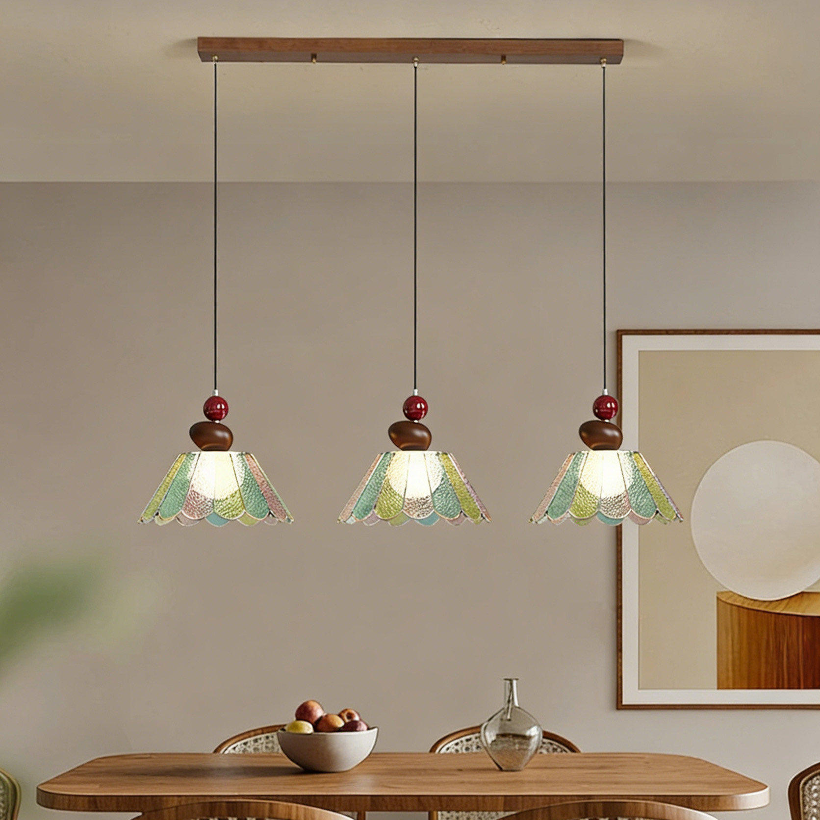 法式复古玻璃餐厅吊灯高级感三头玻璃彩色灯罩岛台餐桌灯吧台灯具