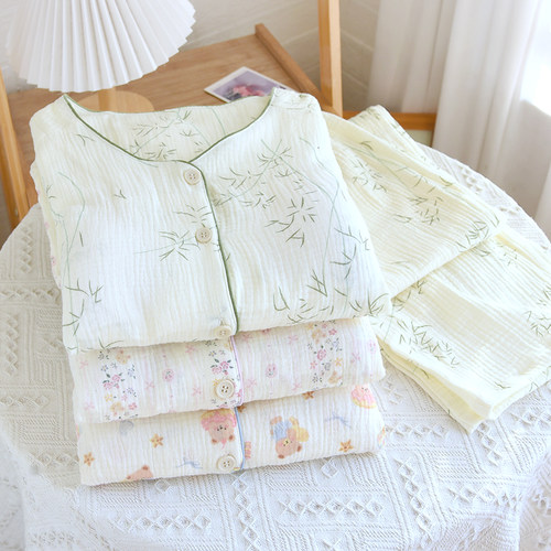 带胸垫睡衣女纯棉纱布春秋2026新款薄夏天长袖100%全棉家居服套装