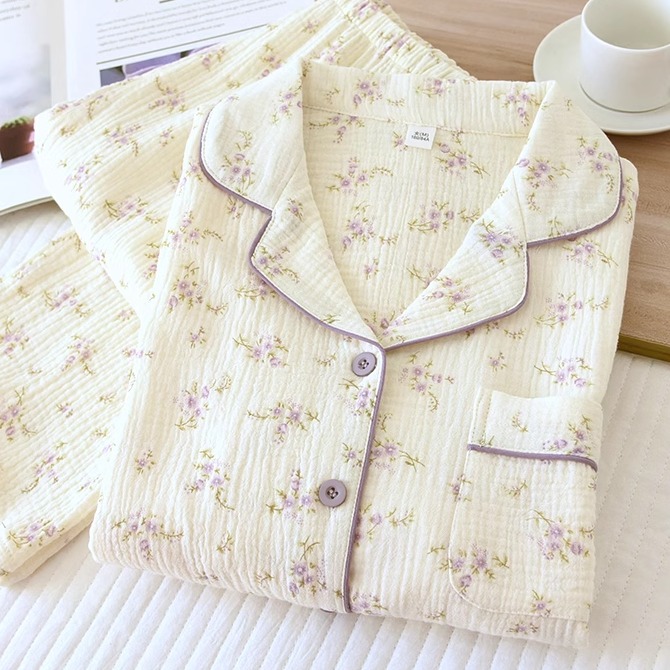 睡衣女春秋纯棉双层纱布田园风碎花套装2025新款夏加肥大码家居服