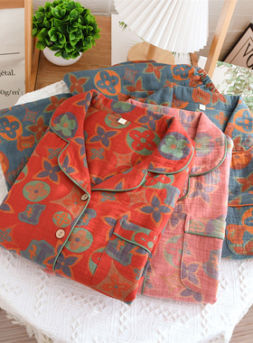 纯棉纱布睡衣女春秋季长袖长裤套装2026新款薄夏季红色大码家居服